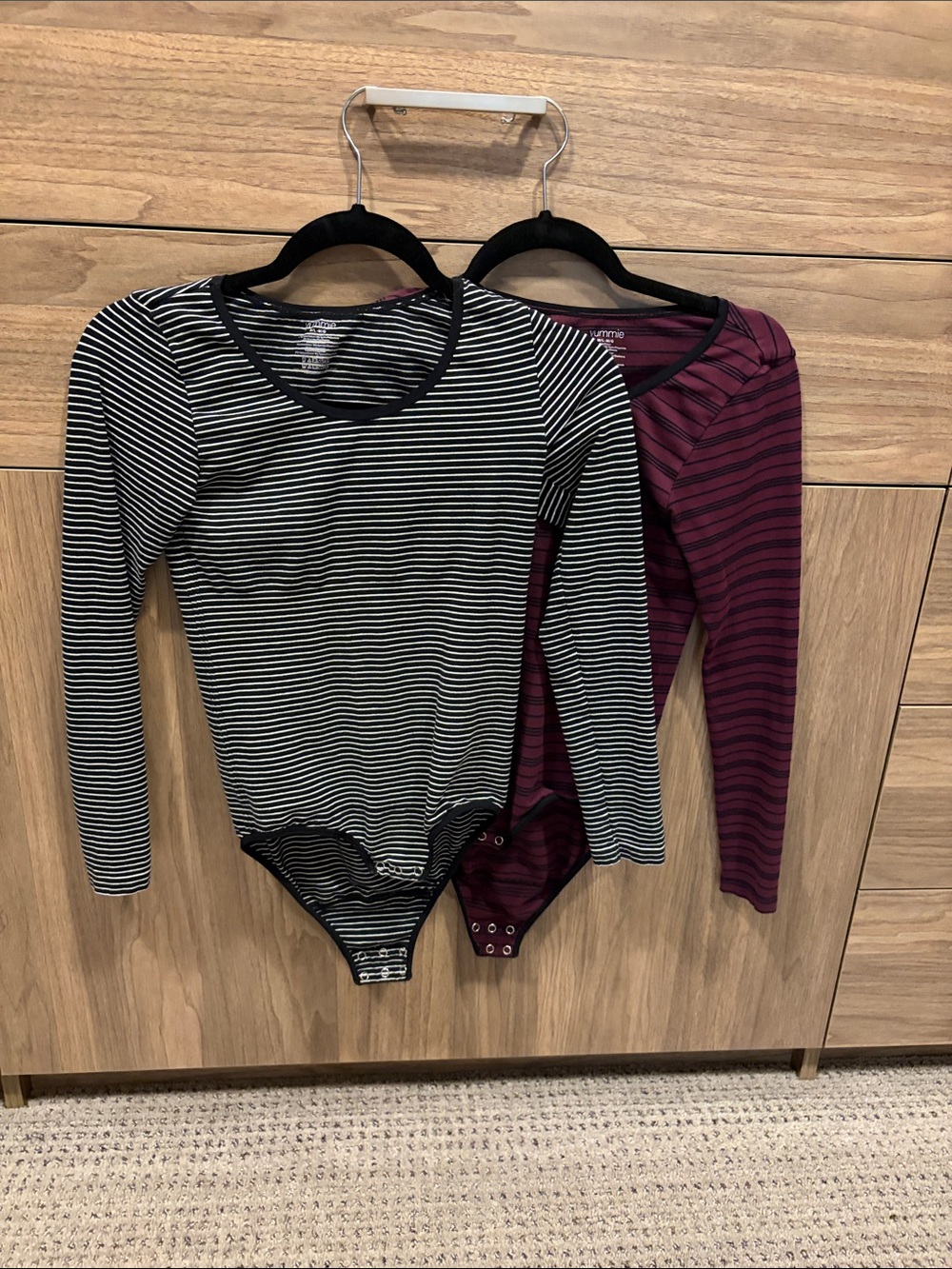 Striped Long-Sleeve Bodysuit Duo - Black & White and Burgundy